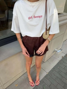 Oversize white girl therapy embroidered letter T-shirt with satin shorts outfit