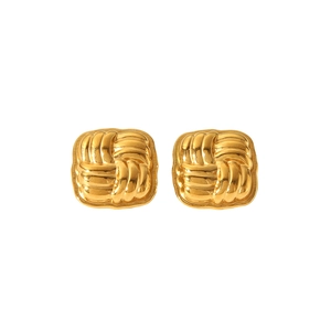 Square textured gold stainless steel stud earrings with vintage woven relief design