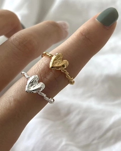 Irregular matte heart ring with twisted rope band in gold and silver finish
