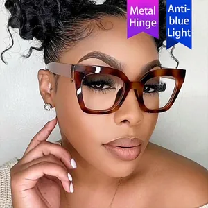 Fashionable oversized tortoise shell cat-eye glasses with anti-blue light metal hinge