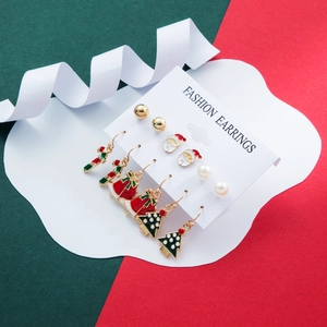 Christmas 6-pair earring set with Santa Claus, tree, and bell designs in gold finish