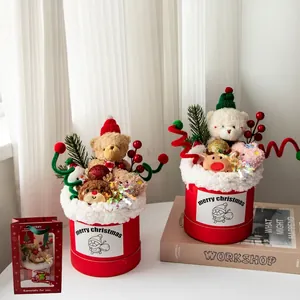 Christmas Plush Bear Reindeer Bouquet In Cylinder Gift Box With LED Light And Handbag Festive Decoration Holiday Present