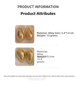 Polished gold metal teardrop earrings detailing weight and dimensions for sizing