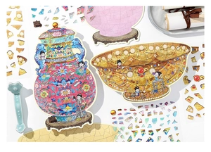 Detailed flat lay of traditional Chinese porcelain themed PET puzzle stickers for journaling