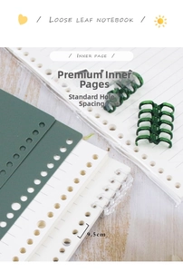 Detail of loose leaf notebook inner pages with green PP divider and 9.5cm ring binding spacing