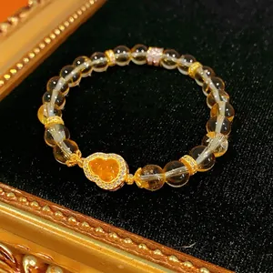Bracelet En Perles De Citrine Pendentif Gourde Zircon Cuivre Doré Vintage Luxe Élégant Bijoux Femme