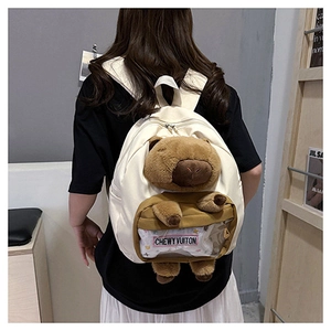 Detailed back view of a white Capybara backpack with 3D plush doll and clear card pocket