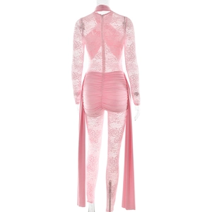Detailed back view of pink lace bodysuit featuring ruched fabric and decorative ribbons