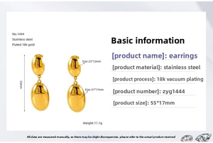 Detailed specs of oval gold stud earrings made of stainless steel with 18K vacuum plating