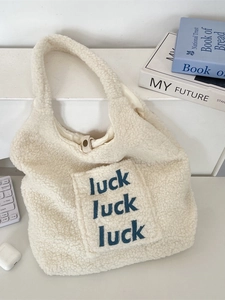 Lambswool Plush Tote Bag Luck Letter Embroidery Large Capacity Casual Shoulder Handbag For Women
