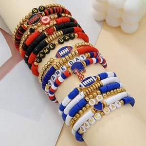 Polymer Clay Alloy Heishi Bead Bracelet Multilayer Sporty Football Theme Game Day Jewelry Vibrant Accessories For Fans