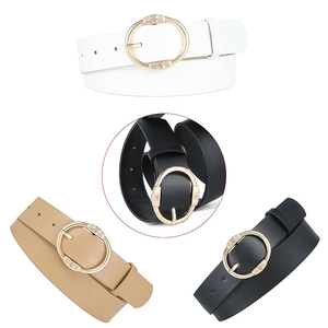 Women's PU leather belts with round gold buckles in white, black and khaki colors
