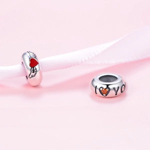 S925 silver charm beads with red angel heart and I Love You engraving for bracelets