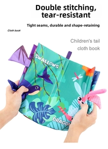 Detail of durable teal baby tail cloth book showing strong stitching and swallow pattern