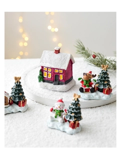Miniature resin Christmas village set with snow house, tree and deer for tabletop decor