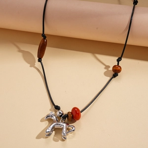 Resin tiger eye wood bead necklace with silver horse pendant on a woven cord