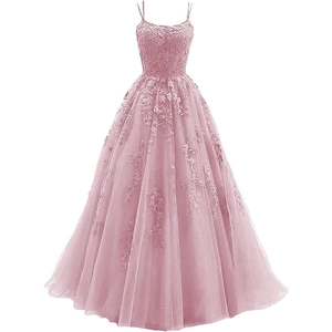 Pink A-line tulle evening gown with spaghetti straps and floral lace embroidery