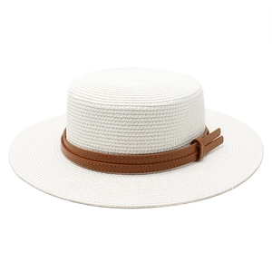 Flat top white boater hat with decorative brown leather belts for summer sun protection