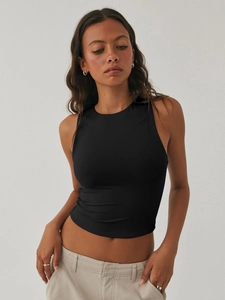 Close-up of black ribbed cotton cropped tank top with Y2K slim fit and round neck design