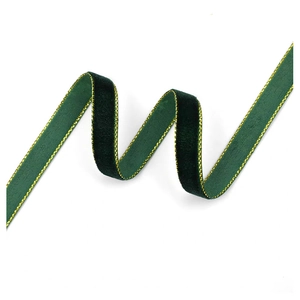 Detail of dark green velvet ribbon with gold wire edges for Christmas gift wrapping
