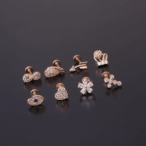 8-piece set of rose gold 16G stainless steel labret studs with micro-inset zircons