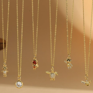 Vintage Copper Zirconia Animal Pendant Necklace For Women Retro Gold Plated Drip Oil Jewelry Bear Turtle Magic Lamp Clavicle Chain