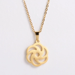 Minimalist gold necklace featuring interlocking geometric flower pendant in bright finish