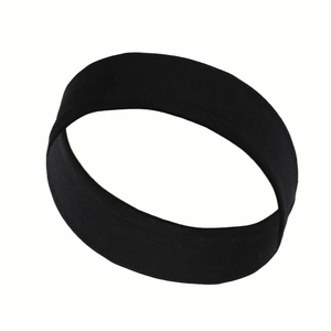 Close-up of black elastic sports headband with breathable fabric texture for fitness