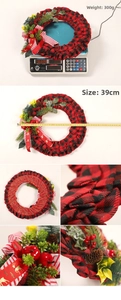 Detail of Christmas wreath with buffalo plaid ribbon, pine cones and red berries measurement