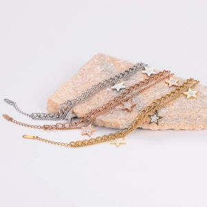 Star charm stainless steel double chain bracelet set in gold, silver and rose gold