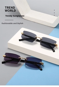 Detail of rimless rectangle sunglasses with gradient lenses and gold metal temples