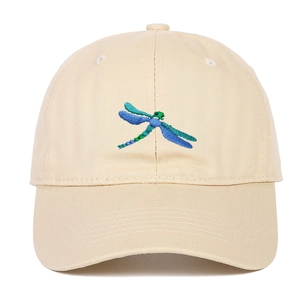 Beige cotton baseball cap featuring detailed blue and green dragonfly embroidery