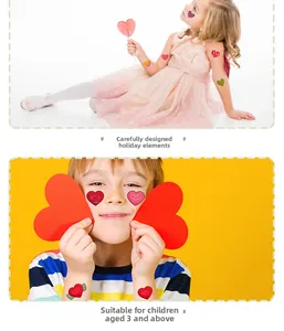 Close-up of children's colorful heart tattoo stickers applied to arms and face