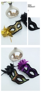 Detailed view of sequins, faux flowers, and feather accents on masquerade party masks
