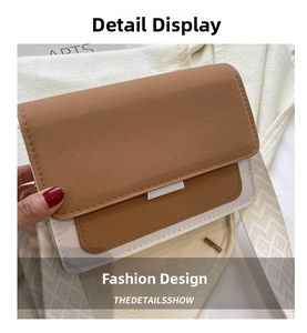 Detail of a brown and white square crossbody bag with metallic buckle and woven strap