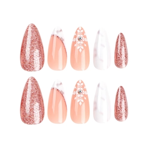Almond shaped press-on nails with rose gold glitter, white snowflakes, and marble design