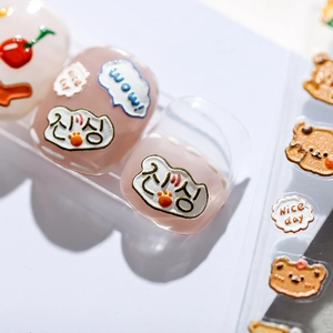 3D embossed nail stickers featuring cute cartoon bears and cherries with a tactile relief finish