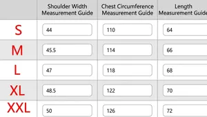 Detailed size chart for men graphene thermal hooded vest with measurements for S to XXL