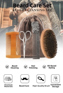 5-piece men's beard grooming set with wooden brush, steel scissors and velvet pouch