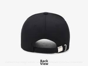 Detail view of cotton baseball cap back with an adjustable metal buckle closure