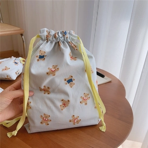 Blue striped cotton drawstring storage bag featuring cartoon teddy bear prints for home