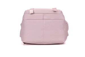 Detailed back view of a minimalist pink-purple travel backpack with padded straps