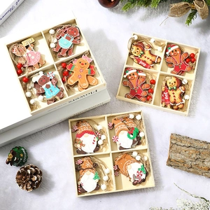 Christmas wooden gingerbread man and gnome tree ornaments in 4-grid gift box