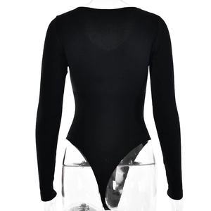 Detail showing the deep V-back design of this black long sleeve bodysuit for women