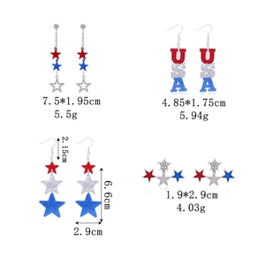 Detail showing USA flag earrings with dimensions and weight in a four-grid layout