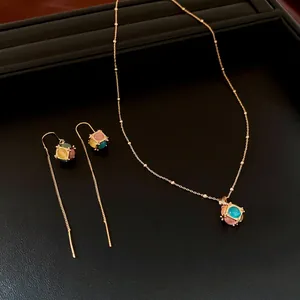 Necklace And Earrings 18K Gold Plated Copper Colorful Cat's Eye Stone Cube Pendant Vintage Retro Light Luxury For Women