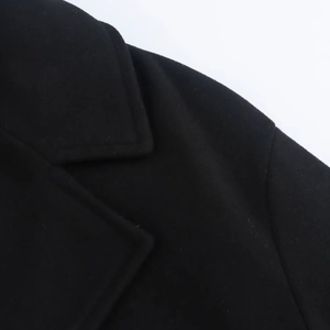 Detailed close-up of the collar and shoulder stitching on a black wool coat for women