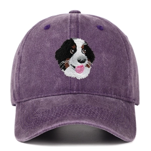 Détail de la broderie de Bouvier bernois sur une casquette en coton délavé violette