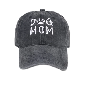 Washed cotton baseball cap in charcoal grey with white Dog Mom paw embroidery