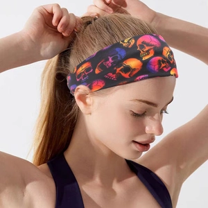 Halloween skull print wide headband for sports and yoga with colorful gradient skull patterns